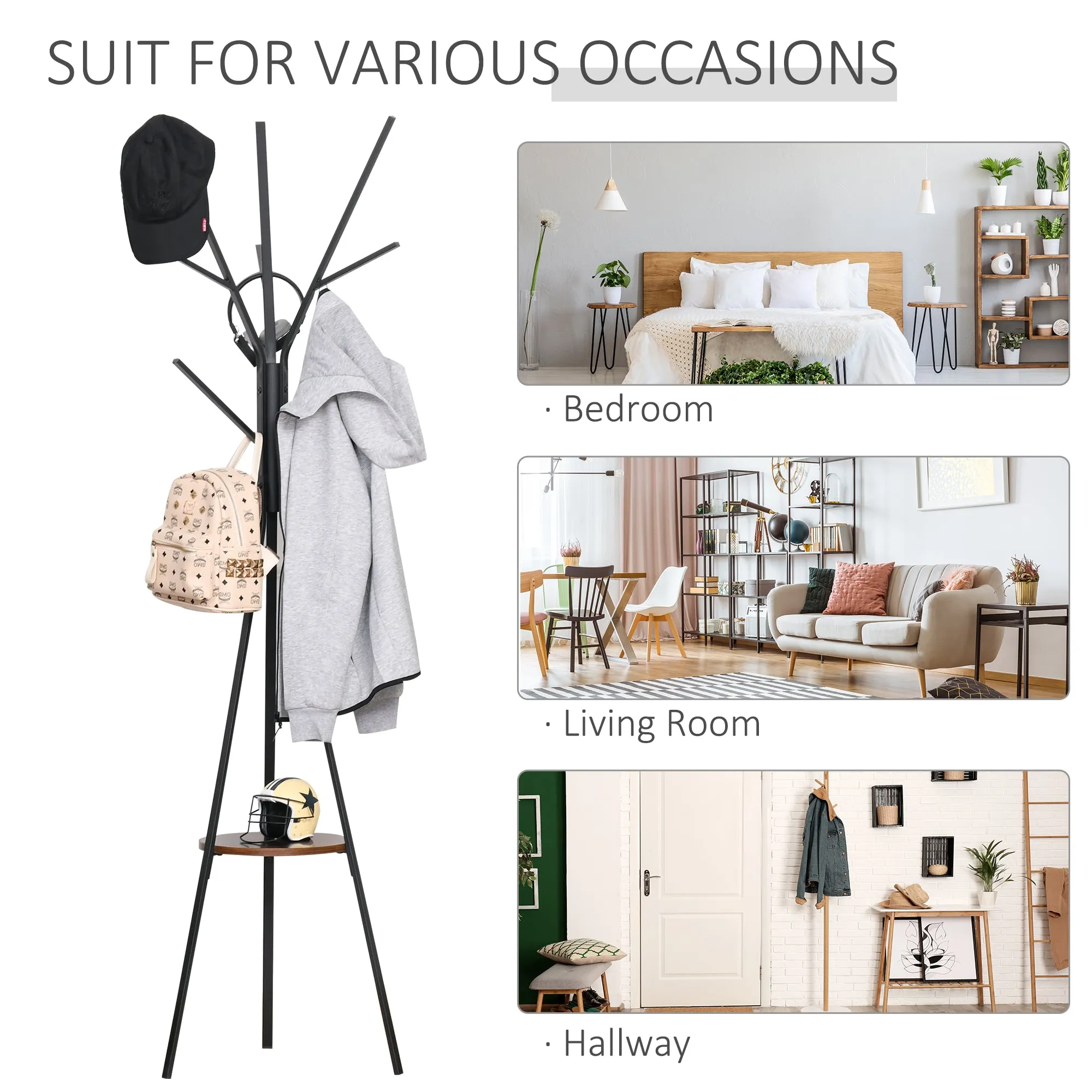 180cm Free Standing Metal Coat Rack Stand 9 Hooks Clothes Tree with 1 Shelf Hat Display Hall Tree Hanger Bag Umbrella Hanging Organiser, Brown