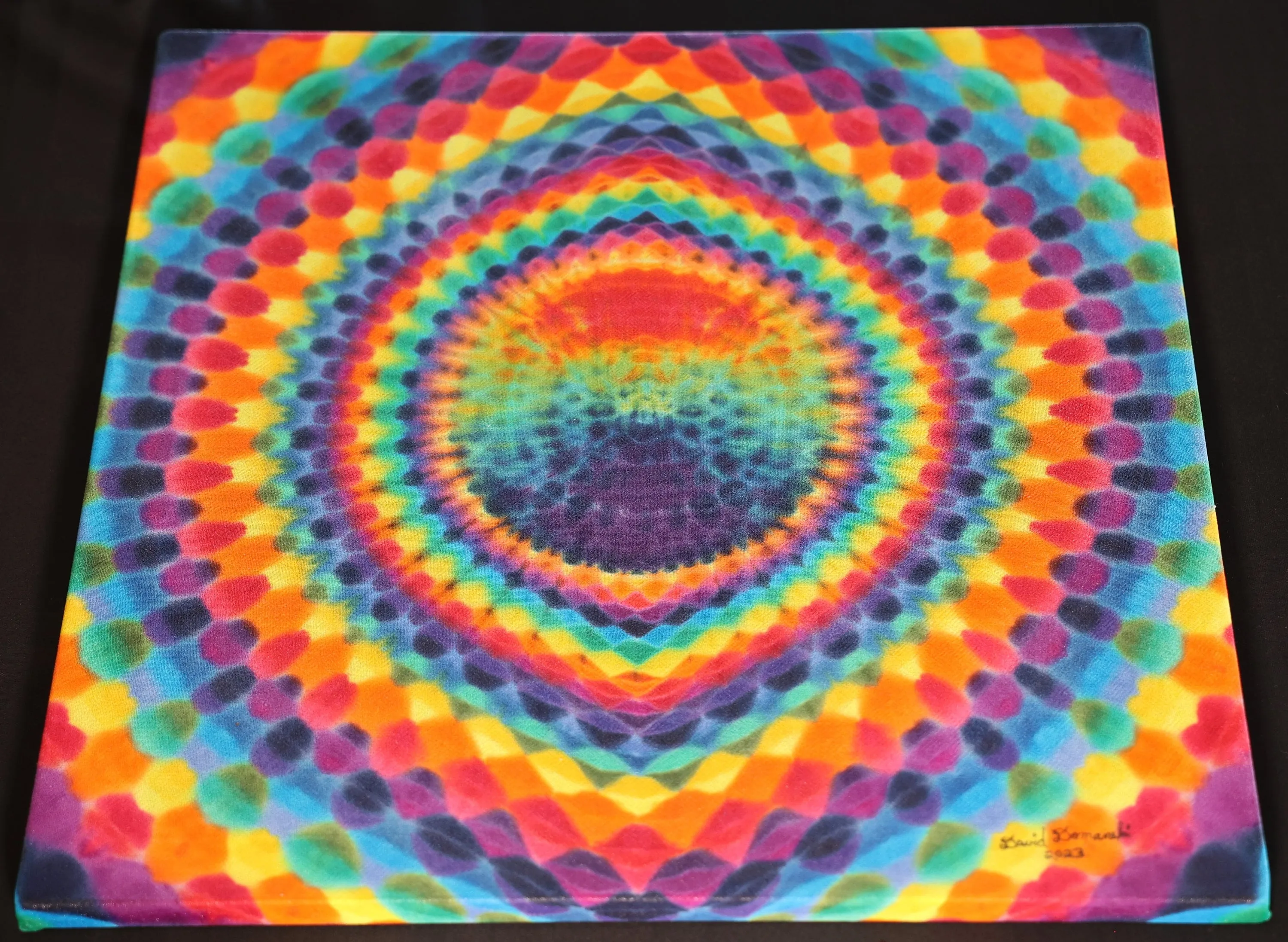 24"X24"X.75" 36 Point Mandala w/ Ripple Center Tie Dye on a Square Panel of Calcutta Cotton Stretched onto 24"X24" Stretcher Bars