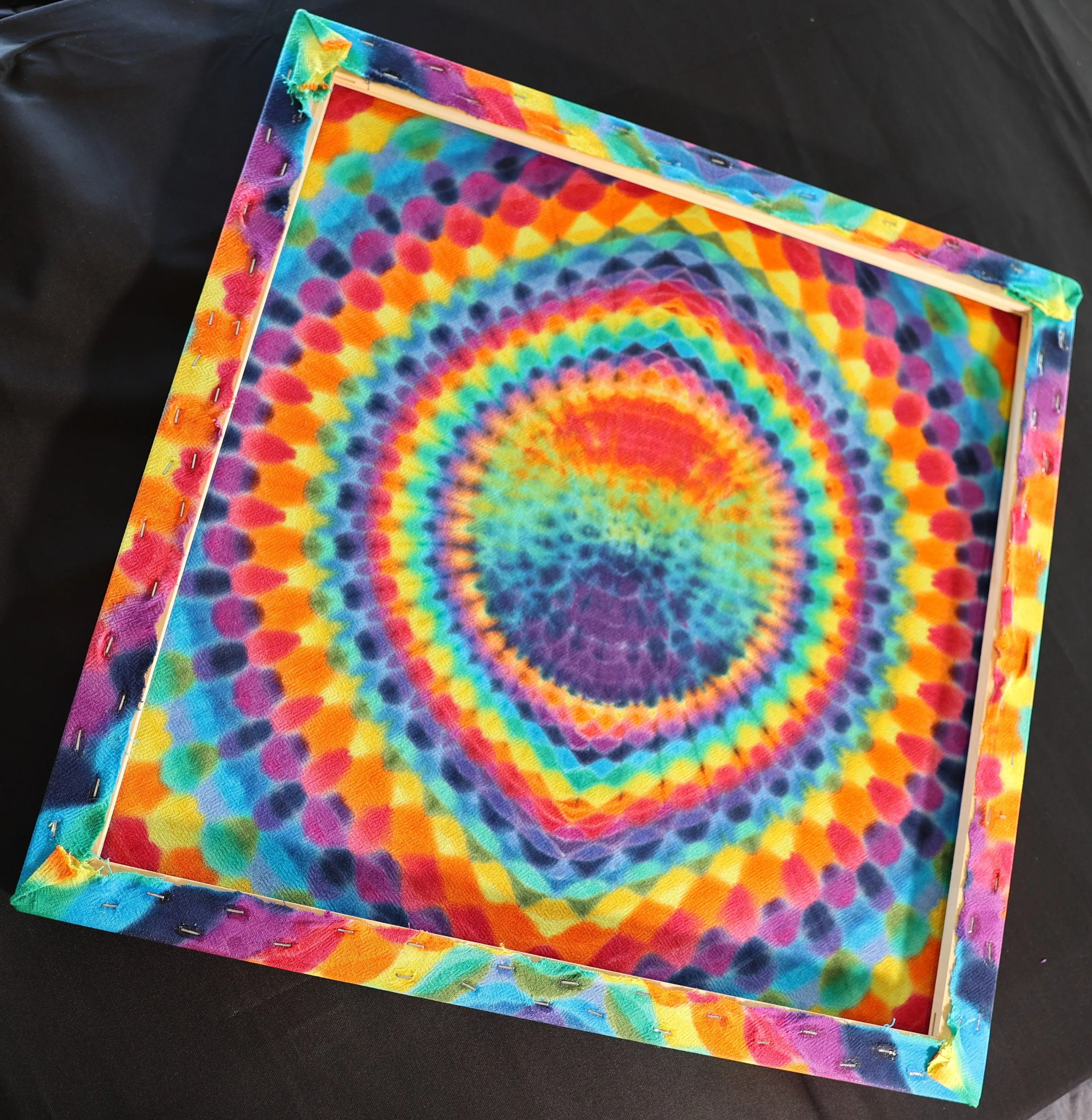 24"X24"X.75" 36 Point Mandala w/ Ripple Center Tie Dye on a Square Panel of Calcutta Cotton Stretched onto 24"X24" Stretcher Bars