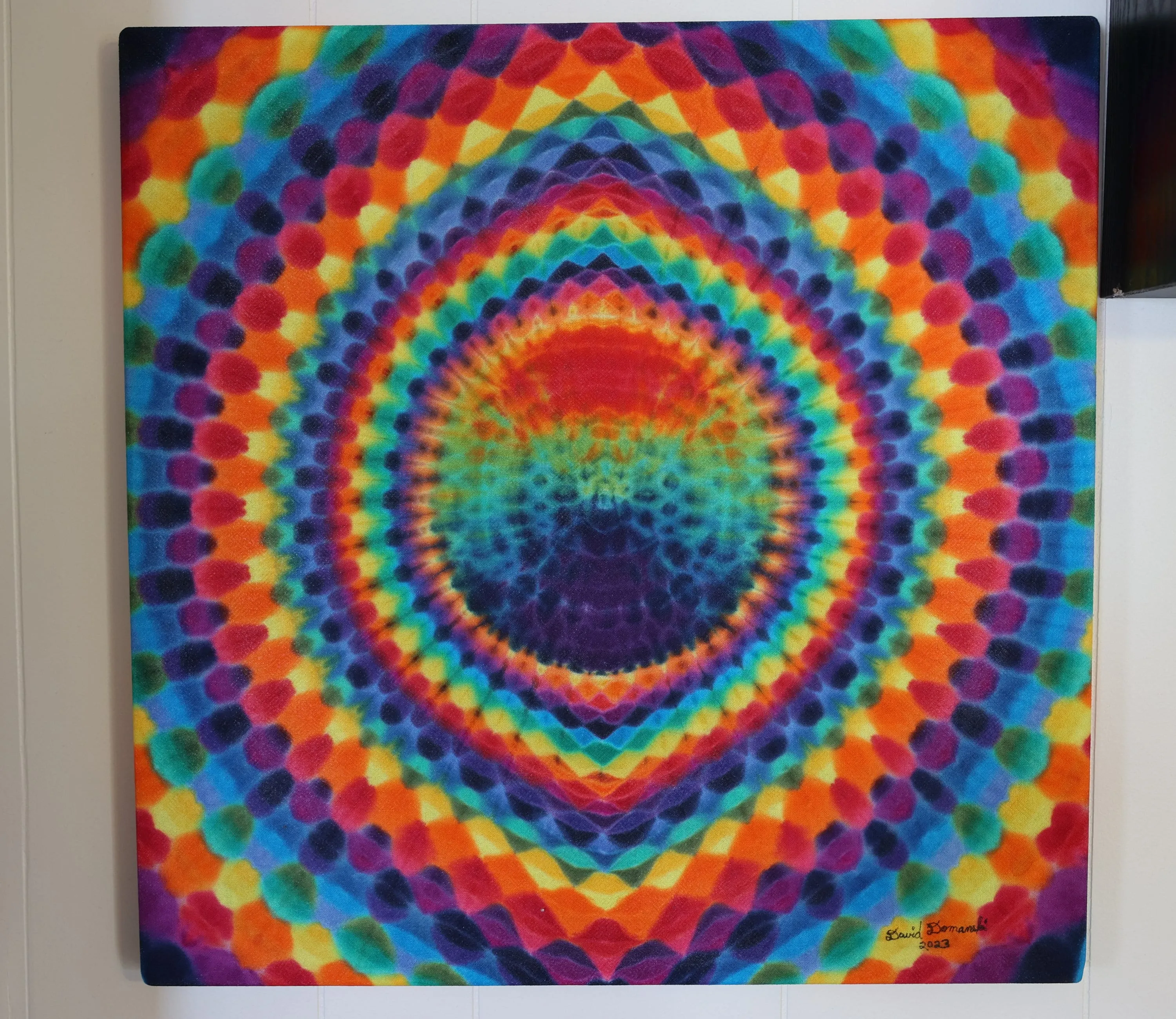 24"X24"X.75" 36 Point Mandala w/ Ripple Center Tie Dye on a Square Panel of Calcutta Cotton Stretched onto 24"X24" Stretcher Bars