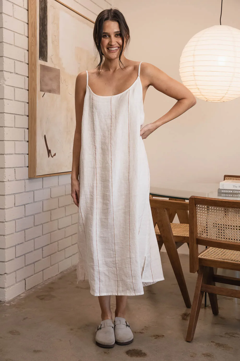 Carter Fundamental Linen Midi - Off White w' Nutmeg Fine Stripe