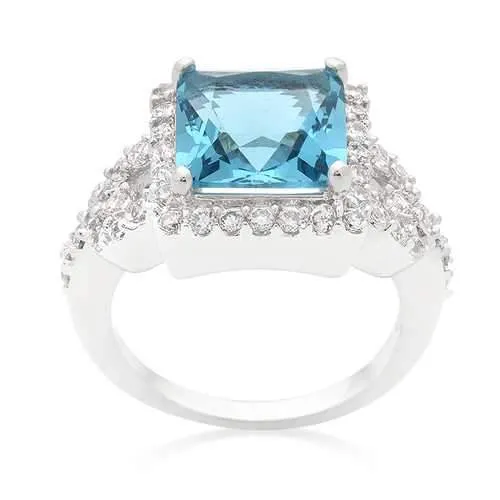 Halo Style Princess Cut Aqua Blue Cocktail Ring