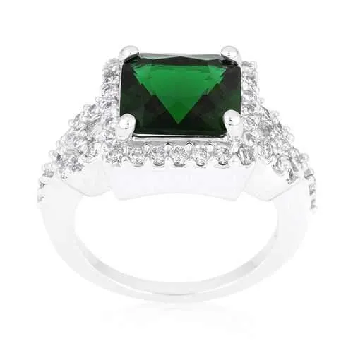 Halo Style Princess Cut Emerald Green Cocktail Ring