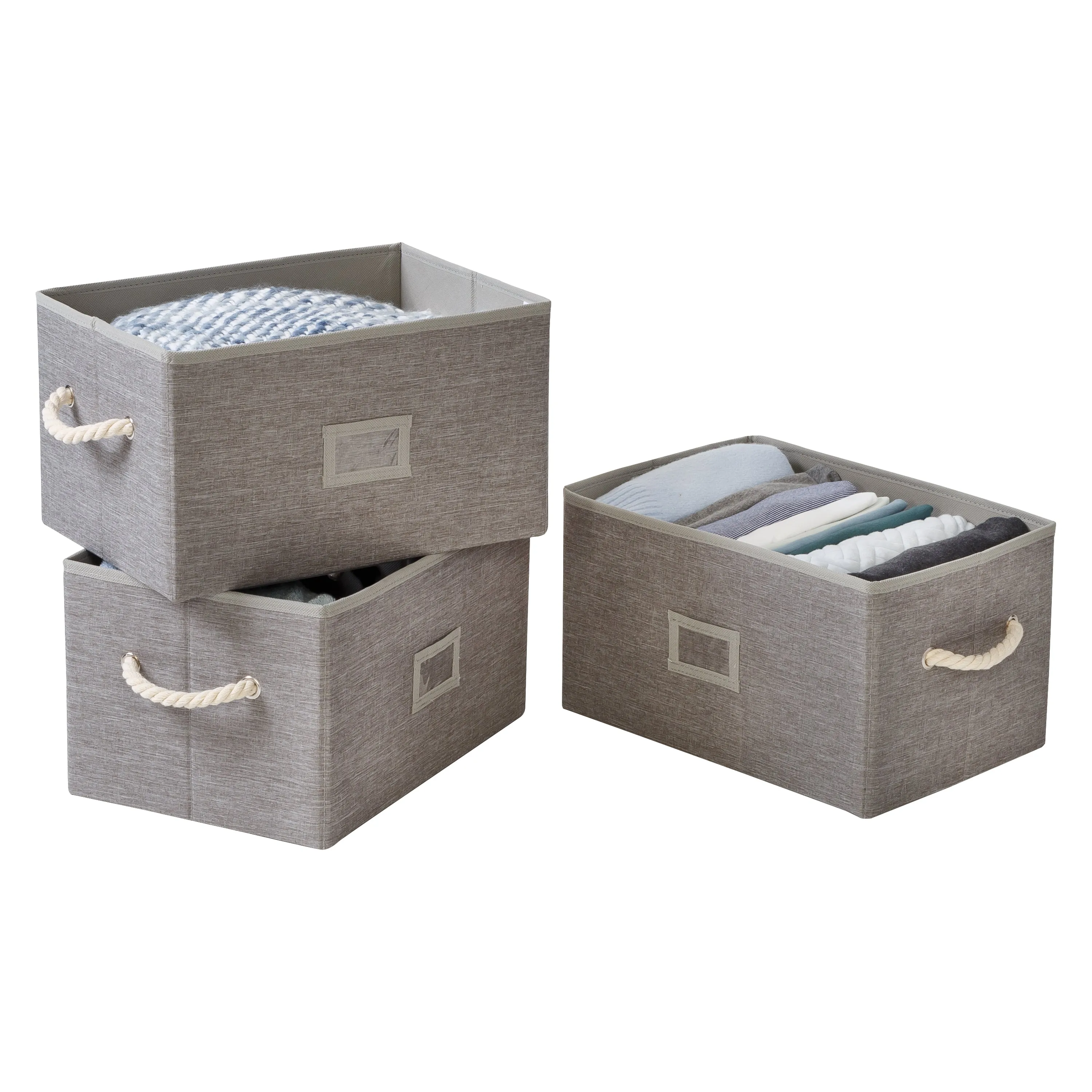 Heather Gray Folding Large Fabric Storage Bins with Handles (Set of 3)