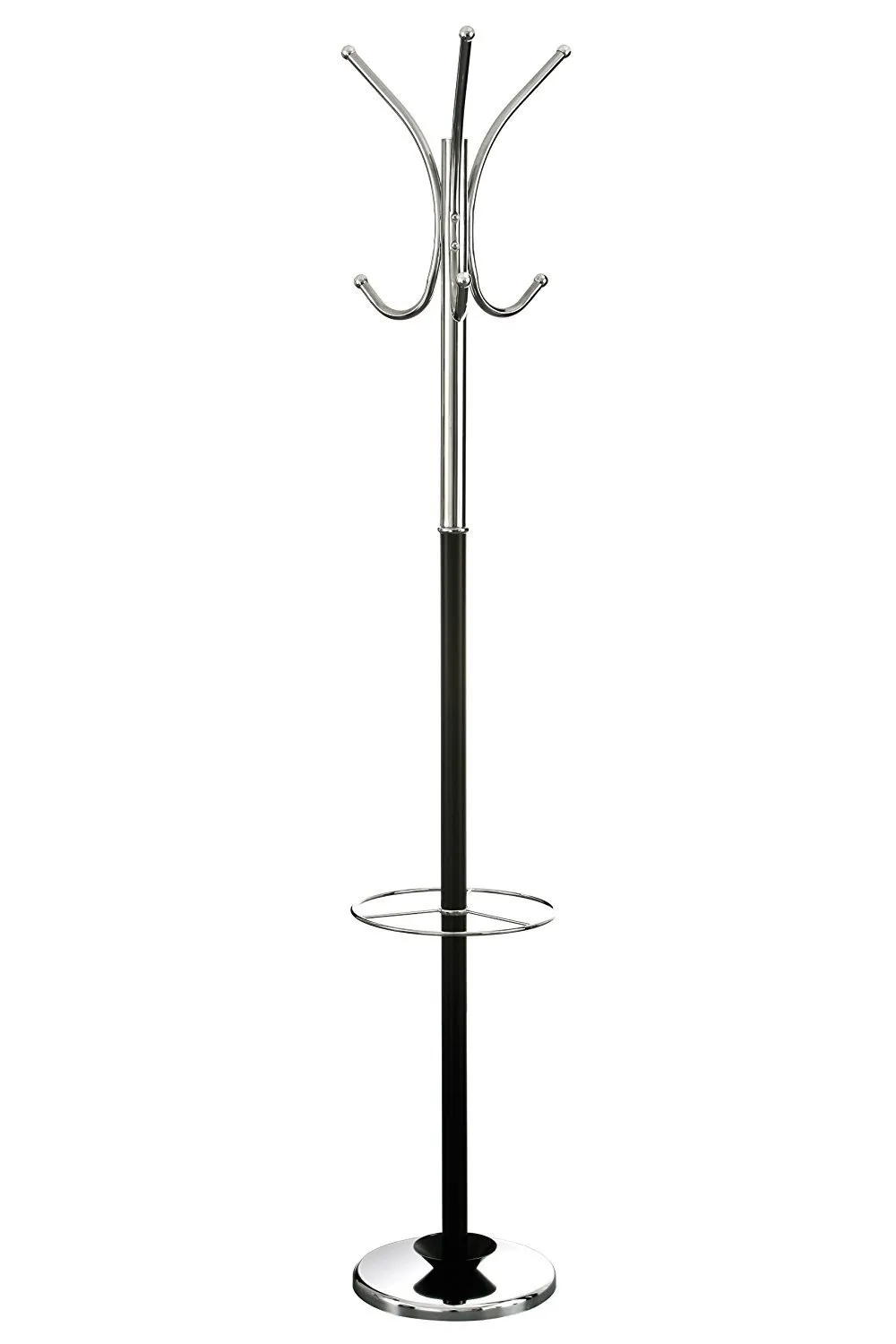 Oscar Free Standing Coat Rack with Umbrella Base, Metal, Black/Chrome