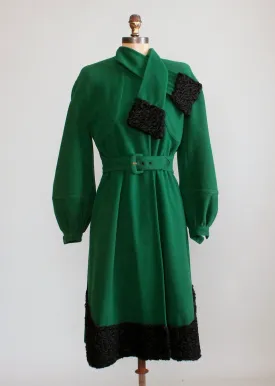 Vintage 1940s Green Wool and Black Curly Lamp Fur Coat