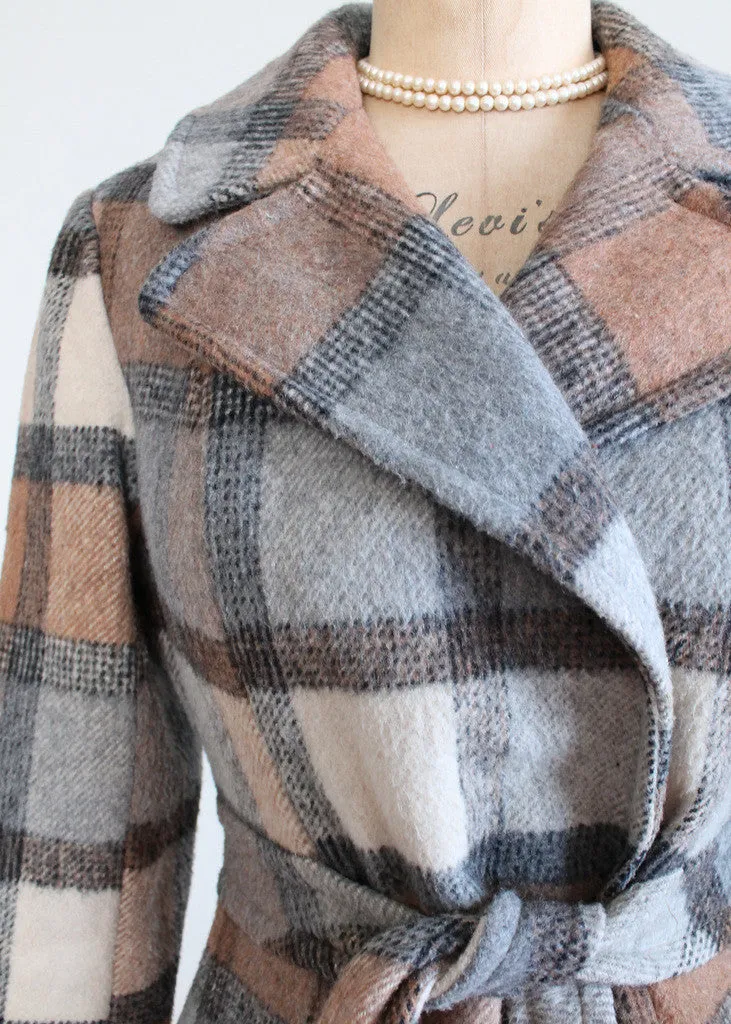 Vintage 1970s Grey and Brown Plaid Princess Coat