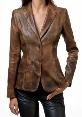 Women Two Button Distressed Brown Leather Blazer